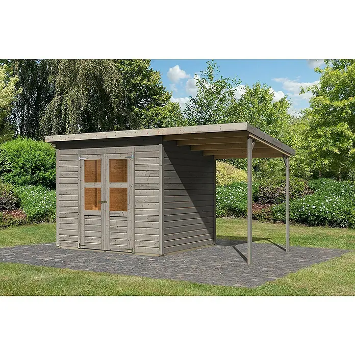 Karibu Gartenhaus Merseburg 5 - Außenmaß inkl. Dachüberstand (B x T): 415 x 236 cm, Holz, Vorvergraut, Mit Seitendach - Gartenhaus mit Vordach. Das Holzhaus bietet zusätzlichen Stauraum im Garten und einen Unterstand im Außenbereich.