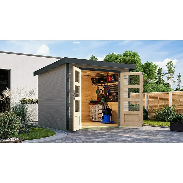 Karibu Gartenhaus Jupiter 3,5 D - Außenmaß inkl. Dachüberstand (B x T): 266 x 266,5 cm, Holz, Wassergrau/Anthrazit - Abbildung eines Holzschuppens mit geöffneten Doppeltüren, der eine Werkbank und Aufbewahrungslösungen zeigt.
