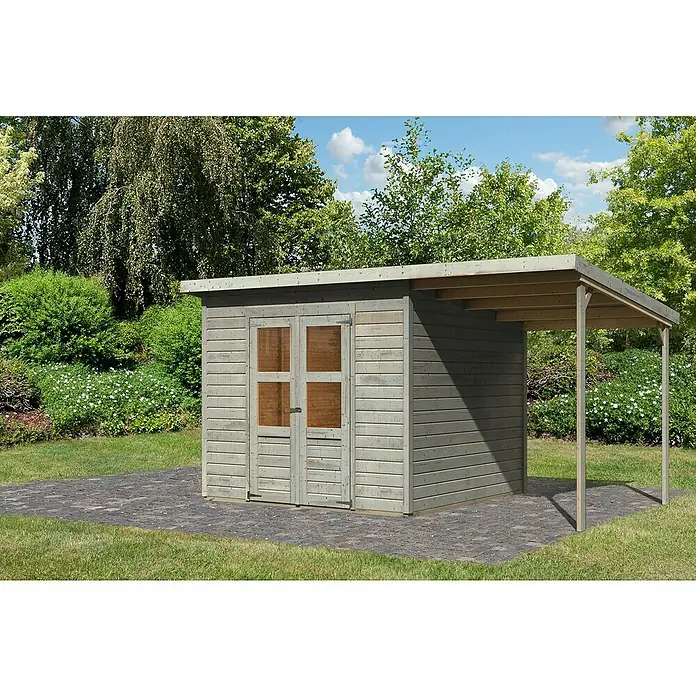 Karibu Gartenhaus Merseburg 6 - Außenmaß inkl. Dachüberstand (B x T): 415 x 265 cm, Holz, Vorvergraut, Mit Seitendach - Ein geräumiges Gartenhaus mit Vordach bietet zusätzlichen Stauraum und Schutz vor Witterungseinflüssen. Ideal für Gartengeräte und mehr.