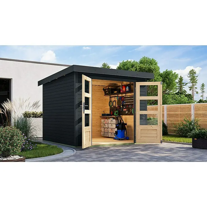 Karibu Gartenhaus Jupiter 3,5 C - Außenmaß inkl. Dachüberstand (B x T): 266 x 266,5 cm, Holz, Anthrazit - Bild eines modernen Gartenhauses in Anthrazit mit geöffneten Holztüren, das einen Einblick in den Werkzeugraum bietet.