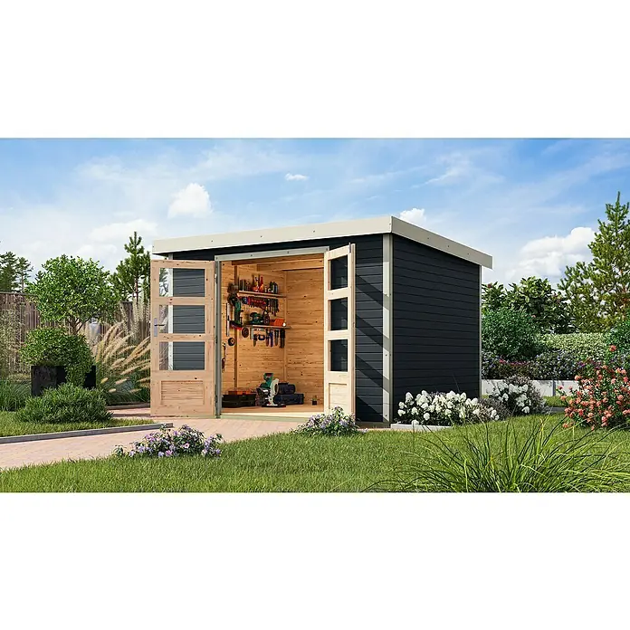 Karibu Gartenhaus Jupiter 5 C - Außenmaß inkl. Dachüberstand (B x T): 320,5 x 266,5 cm, Holz, Anthrazit/Weiß - Ein geräumiges Gartenhaus mit Doppeltüren, ideal für die Aufbewahrung von Gartengeräten und Werkzeugen. Holzstruktur und moderne Gestaltung.