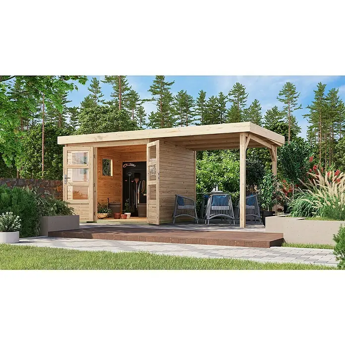 Karibu Gartenhaus Lahar - Außenmaß inkl. Dachüberstand (B x T): 491 x 262 cm, Holz, Naturbelassen, Mit Seitendach - Ein modernes Gartenhaus mit überdachter Terrasse, ideal zum Entspannen und Genießen im Freien, umgeben von üppigem Grün.