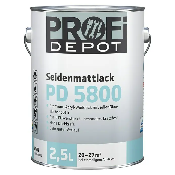 Profi Depot PD Weißlack Seidenmattlack PD 5800 - Weiß, Seidenmatt, 2,5 l, Wasserbasiert - Dose Profi Depot PD 5800 Seidenmattlack, 2,5L. Premium Acryl-Weißlack für edle Oberflächen, PU-verstärkt, kratzfest und hohe Deckkraft.