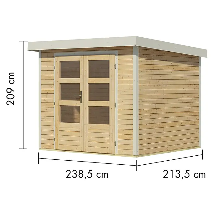 Karibu Gartenhaus Jupiter 3 A - Außenmaß inkl. Dachüberstand (B x T): 266 x 236,5 cm, Holz, Naturbelassen/Weiß - Gartenschuppen aus Naturholz mit Doppeltür, hellgrauer Verkleidung und Maßen: 209 cm (H), 238,5 cm (B), 213,5 cm (T).