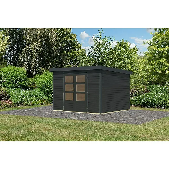 Karibu Gartenhaus Jupiter 5 C - Außenmaß inkl. Dachüberstand (B x T): 320,5 x 266,5 cm, Holz, Anthrazit - Schwarzes Gartenhaus mit Doppeltür und Flachdach, umgeben von üppigem Grün. Perfekt für die Gartenarbeit oder als Lagerraum.
