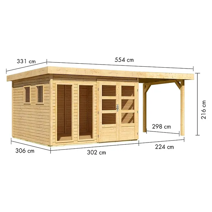 Karibu Gartenhaus Lahar 6 - Außenmaß inkl. Dachüberstand (B x T): 554 x 331 cm, Holz, Naturbelassen, Mit Seitendach - Heller Holzschuppen mit integriertem Carport. Die Vorderseite hat Doppeltüren und Fenster, Maße sind angegeben.