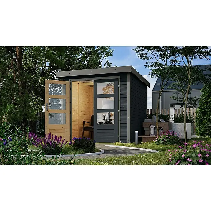 Karibu Gartenhaus Jupiter 2 C - Außenmaß inkl. Dachüberstand (B x T): 228,5 x 235 cm, Holz, Anthrazit/Grau - Ein modernes Gartenhaus mit grauer Außenverkleidung und einer Doppeltür mit Fenstereinsätzen, umgeben von blühenden Pflanzen.