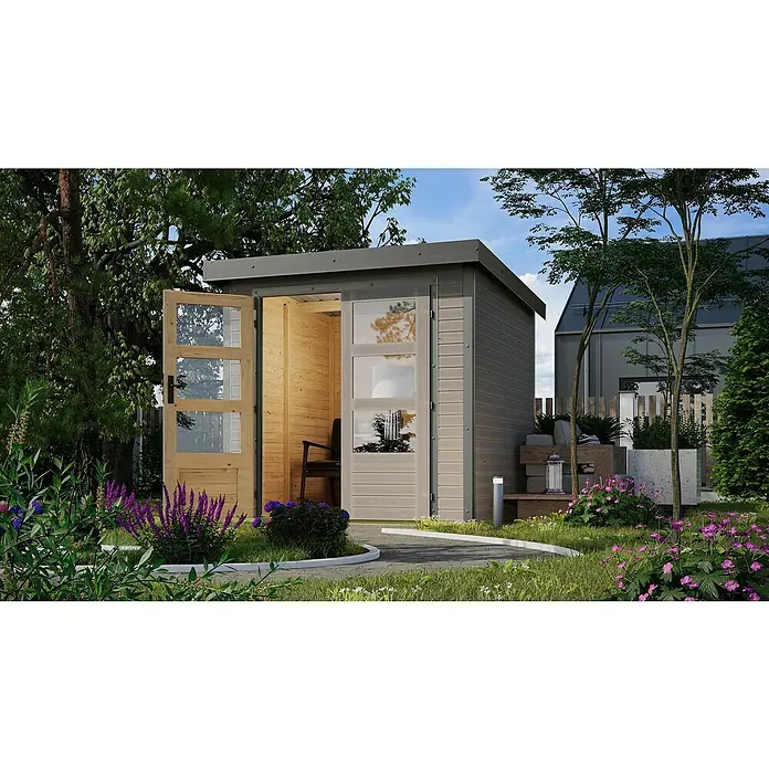 Karibu Gartenhaus Jupiter 2 D - Außenmaß inkl. Dachüberstand (B x T): 228,5 x 235 cm, Holz, Wassergrau/Grau - Eine moderne Gartensauna mit Glasfronttüren, eingebettet in eine üppige Gartenlandschaft, die Entspannung und stilvolles Design vereint.