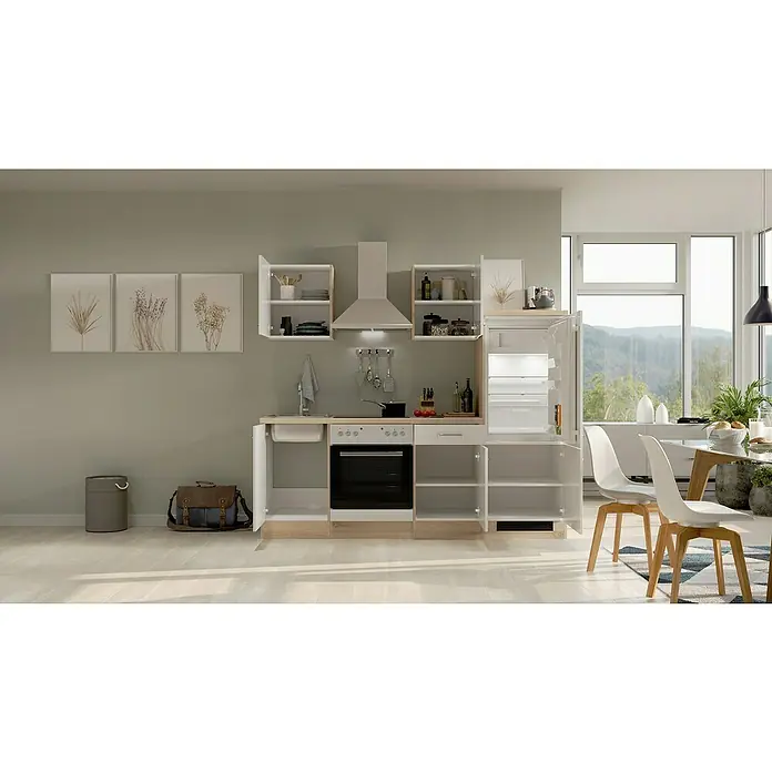 Flex-Well Valero Küchenzeile Typ 1 - Breite: 220 cm, Höhe: 200 cm, Weiß, Mit Elektrogeräten - Moderne Küche mit weißen Schränken und Geräten, offenem Design und viel Stauraum für einen organisierten Raum.