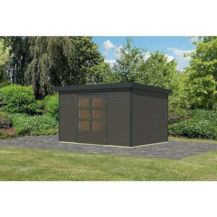Karibu Gartenhaus Pluto 7 B - Außenmaß inkl. Dachüberstand (B x T): 390 x 273 cm, Holz, Terragrau/Anthrazit - Moderne Gartenhütte mit Flachdach und Doppeltür, ideal für die Gartenaufbewahrung. Hergestellt aus robustem Holz.