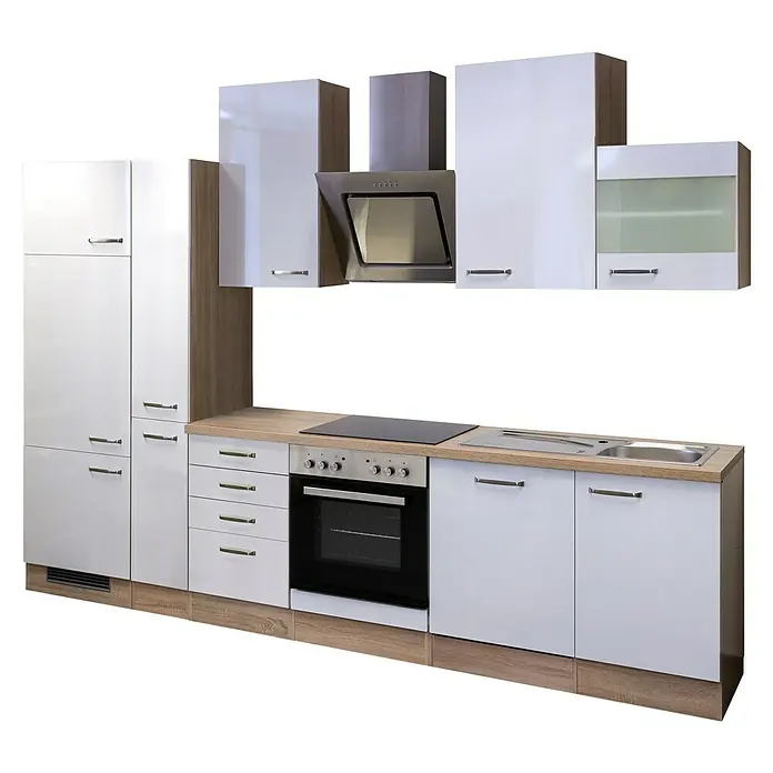 Flex-Well Valero Küchenzeile Typ 6 - Breite: 310 cm, Weiß, Mit Elektrogeräten - Küchenzeile mit weißen Schränken, Spüle, Herd und Dunstabzugshaube. Das moderne Design passt gut in jede Wohnung.