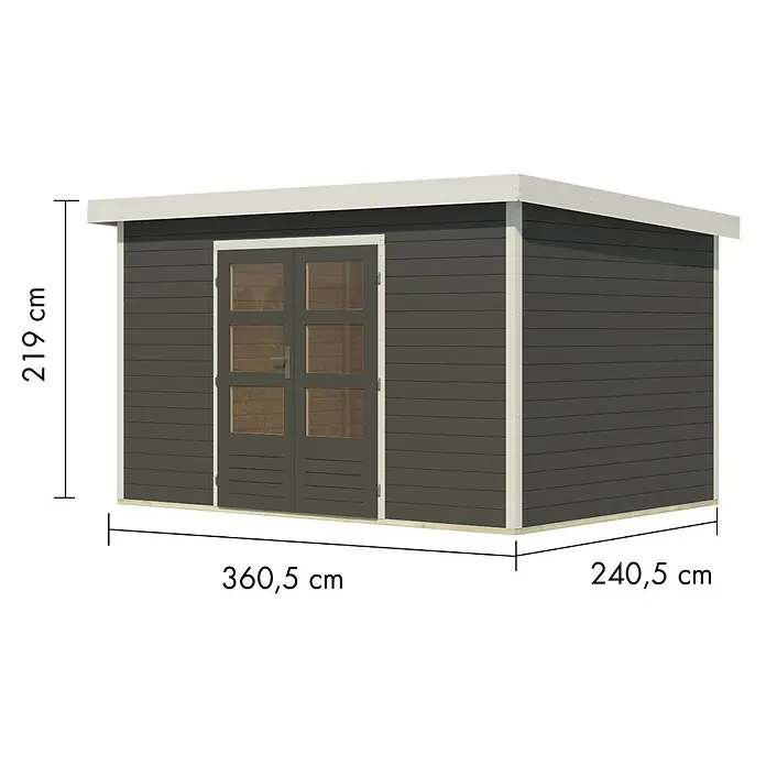 Karibu Gartenhaus Pluto 7 B - Außenmaß inkl. Dachüberstand (B x T): 390 x 273 cm, Holz, Terragrau/Weiß - Dunkelgraues Gartenhaus mit Doppeltür aus Glas. Maße: 360,5 cm breit, 240,5 cm tief, 219 cm hoch.