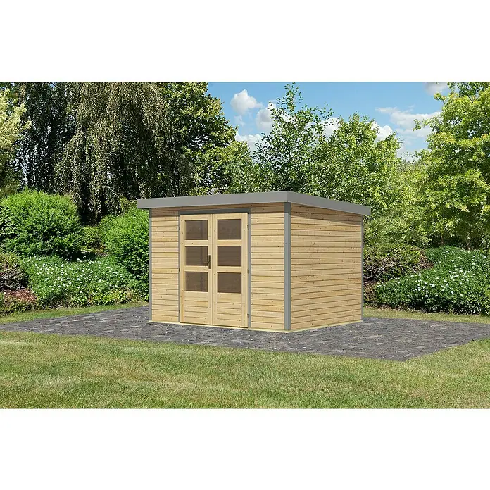 Karibu Gartenhaus Jupiter 4 A - Außenmaß inkl. Dachüberstand (B x T): 322 x 236,5 cm, Holz, Naturbelassen/Grau - Holzschuppen mit Doppeltür und grauem Dach auf gepflastertem Untergrund, umgeben von Grün.