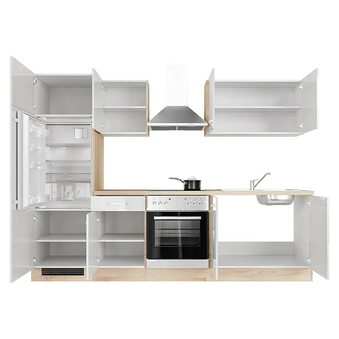 Flex-Well Valero Küchenzeile Typ 2 - Breite: 270 cm, Weiß, Mit Elektrogeräten - Abbildung einer modernen Küche in Weiß und Holzoptik mit geöffneten Schränken, einem Kühlschrank, einem Herd und einer Dunstabzugshaube.