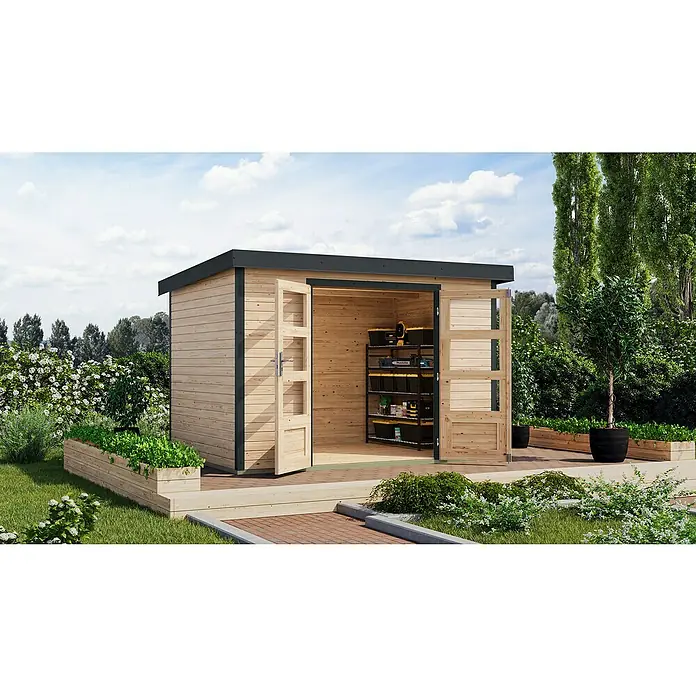 Karibu Gartenhaus Jupiter 4 A - Außenmaß inkl. Dachüberstand (B x T): 322 x 236,5 cm, Holz, Naturbelassen/Anthrazit - Holzschuppen mit geöffneten Türen, der Einblick auf ein Regal mit Werkzeugkästen und Werkzeugen gewährt. Der Schuppen steht in einem Garten.