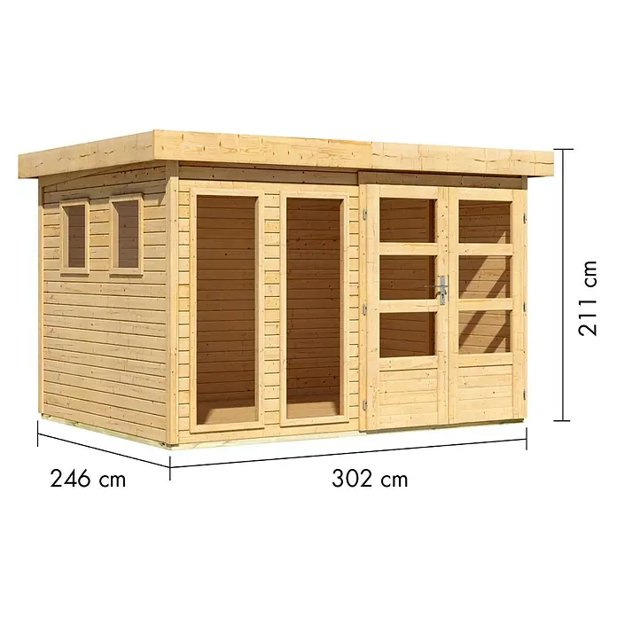 Karibu Gartenhaus Lahar 5 - Außenmaß inkl. Dachüberstand (B x T): 330 x 262 cm, Holz, Naturbelassen, Ohne Seitendach - Hellholz-Gartenhaus mit mehreren Fenstern und Glastüren. Maße: 302x246x211 cm (BxTxH).