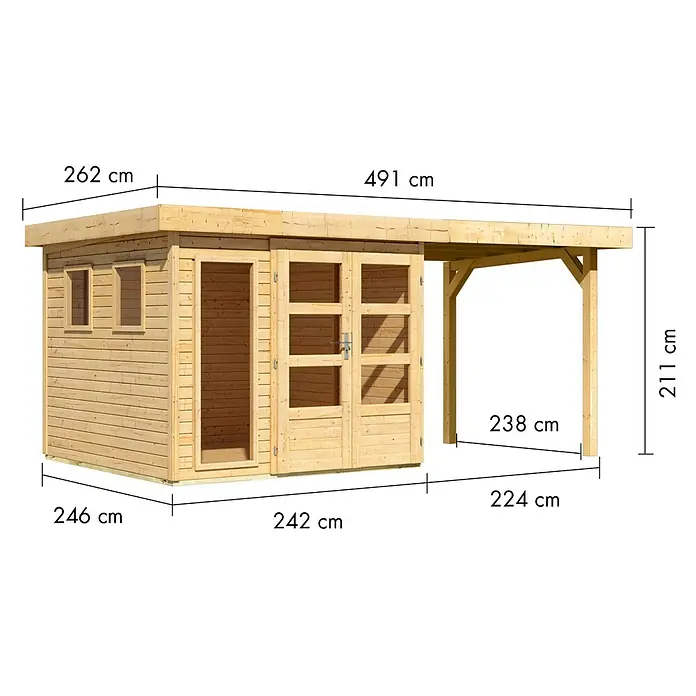 Karibu Gartenhaus Lahar - Außenmaß inkl. Dachüberstand (B x T): 491 x 262 cm, Holz, Naturbelassen, Mit Seitendach - Natürlicher Holzschuppen mit angebautem offenem Carport, inklusive Doppeltür und Seitenfenstern.