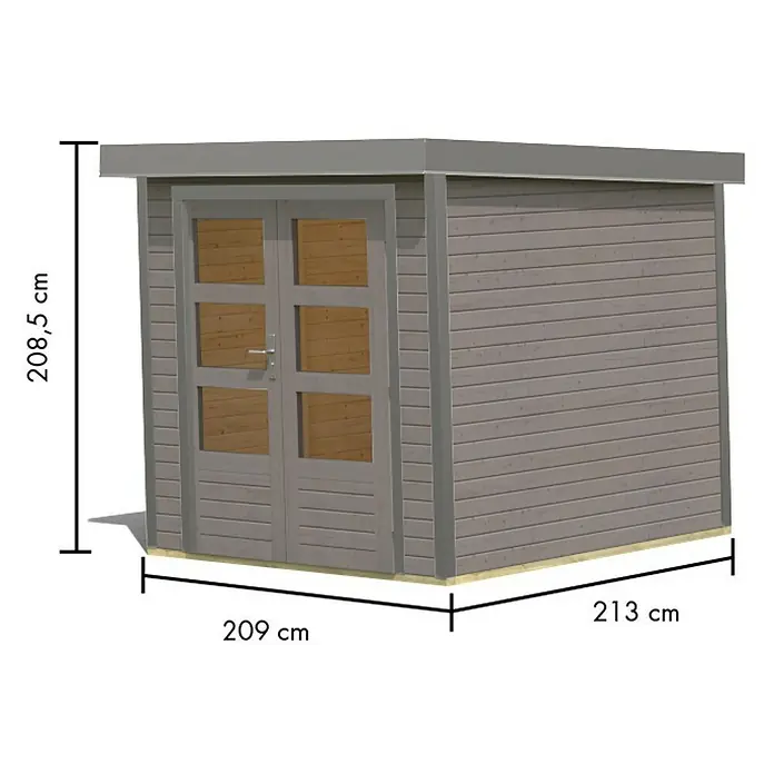 Karibu Gartenhaus Jupiter 2 D - Außenmaß inkl. Dachüberstand (B x T): 228,5 x 235 cm, Holz, Wassergrau/Grau - Vergrauter Holz-Gartenschuppen mit Doppeltüren und flachem grauen Dach. Maße: 208,5 cm H x 209 cm B x 213 cm T.