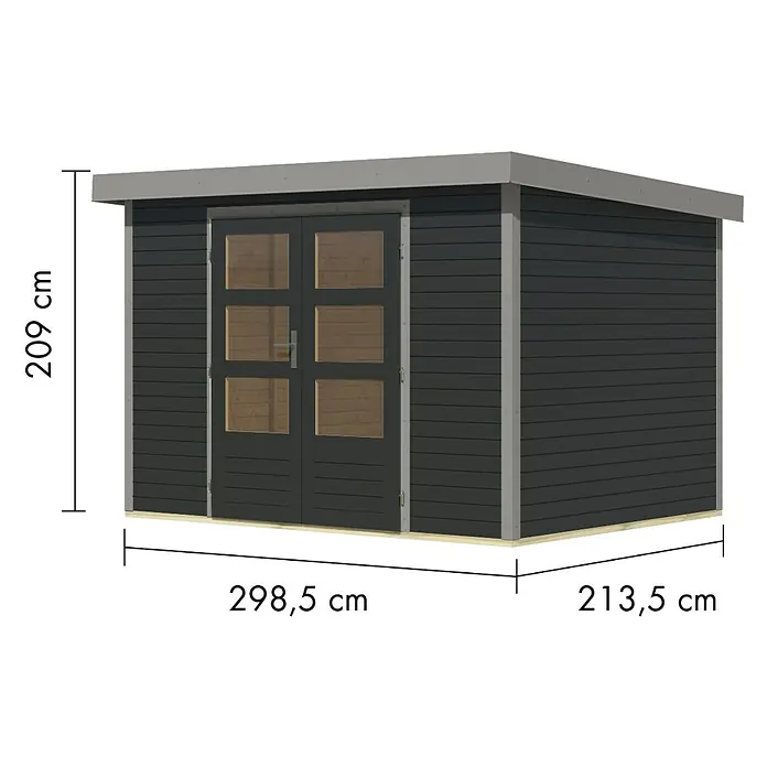 Karibu Gartenhaus Jupiter 4 C - Außenmaß inkl. Dachüberstand (B x T): 322 x 236,5 cm, Holz, Anthrazit/Grau - Dunkelgraues Gartenhaus aus Holz mit doppelten Glastüren und Flachdach, Maße angegeben.