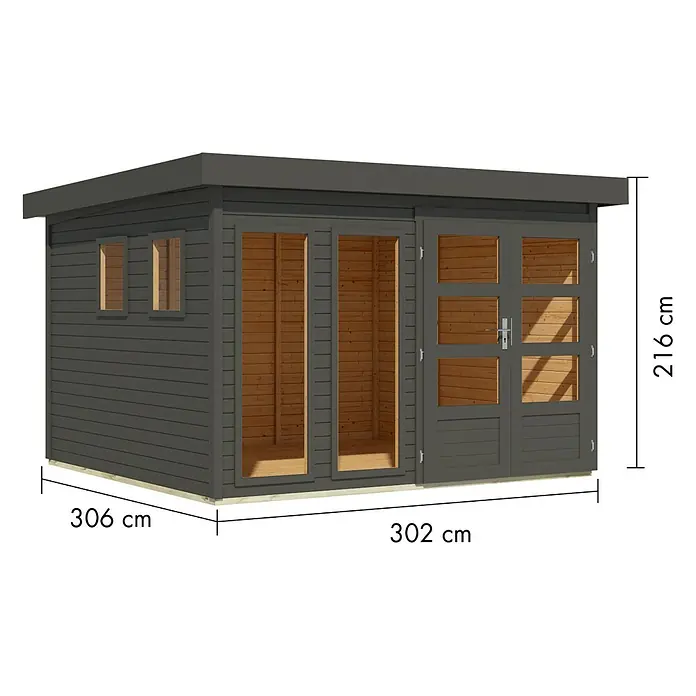 Karibu Gartenhaus Lahar 6 - Außenmaß inkl. Dachüberstand (B x T): 334 x 331 cm, Holz, Terragrau, Ohne Seitendach - Dunkelgraues Gartenhaus mit Flachdach, zwei Fenstern und Doppeltüren. Maße: 306x302x216 cm.
