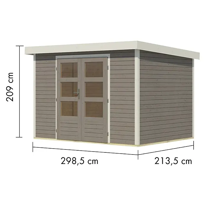 Karibu Gartenhaus Jupiter 4 D - Außenmaß inkl. Dachüberstand (B x T): 322 x 236,5 cm, Holz, Wassergrau/Weiß - Grauer Holzschuppen mit Doppeltür und Glas, Maße: 209 cm H, 298,5 cm B, 213,5 cm T.