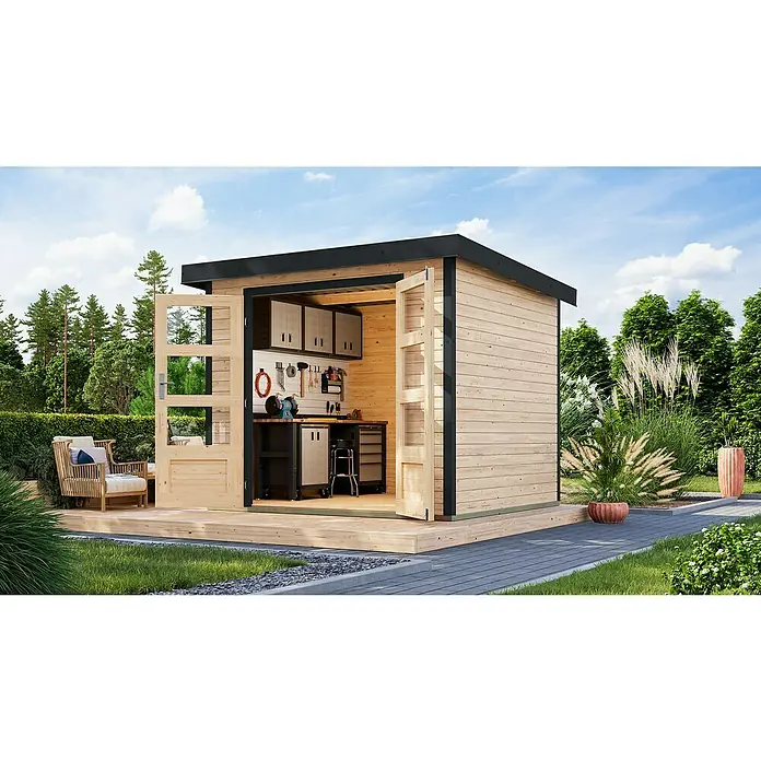 Karibu Gartenhaus Jupiter 3 A - Außenmaß inkl. Dachüberstand (B x T): 266 x 236,5 cm, Holz, Naturbelassen - Ein modernes Gartenhaus mit Werkstatt. Die offenen Türen geben den Blick frei auf Werkbank, Werkzeug und Schränke. Holz und Schwarz dominieren.