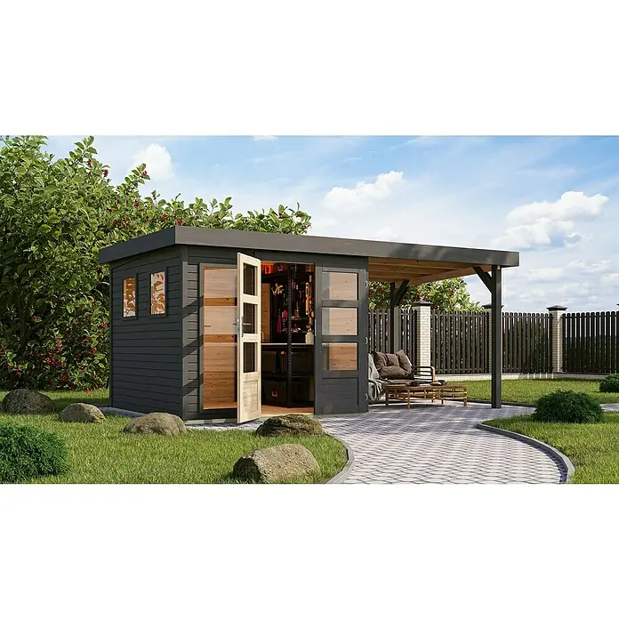 Karibu Gartenhaus Lahar - Außenmaß inkl. Dachüberstand (B x T): 491 x 262 cm, Holz, Terragrau, Mit Seitendach - Ein modernes Gartenhaus mit offenstehenden Holztüren und einem integrierten Unterstand bietet vielseitigen Stauraum und Komfort im Garten.