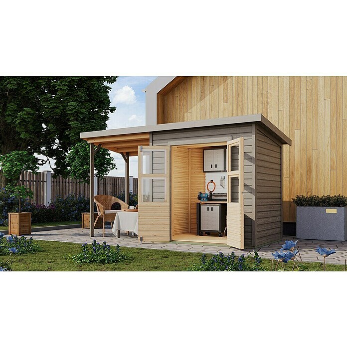 Karibu Gartenhaus Merseburg 3 (Außenmaß inkl. Dachüberstand (B x T): 390 x 175 cm, Holz, Vorvergraut, Mit Seitendach) | BAUHAUS