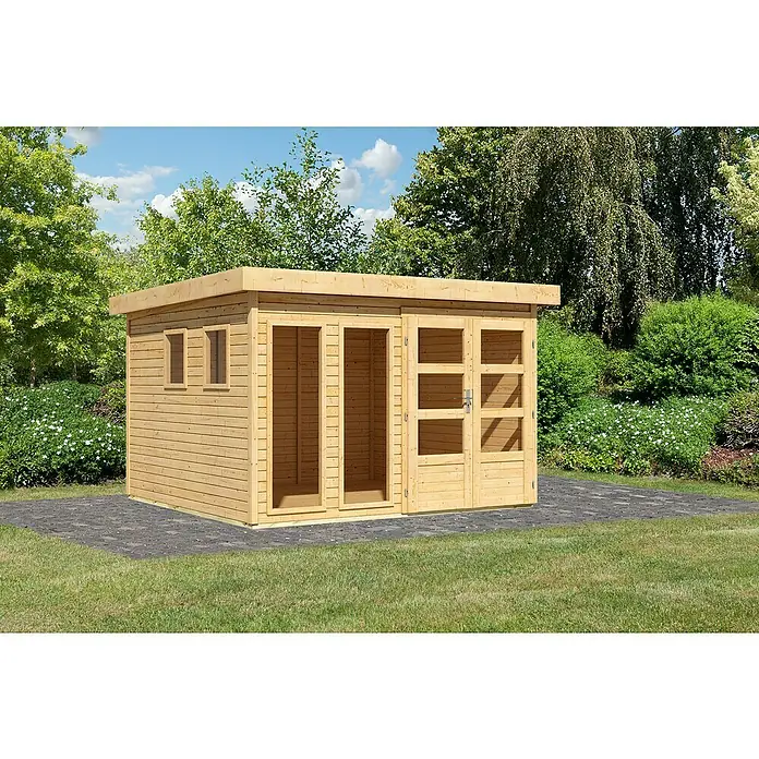 Karibu Gartenhaus Lahar 6 - Außenmaß inkl. Dachüberstand (B x T): 334 x 331 cm, Holz, Naturbelassen, Ohne Seitendach - Ein modernes Holzgartenhaus mit Flachdach, Doppeltüren und Fenstern auf einer gepflasterten Fläche. Ideal für Garten und Freizeit.