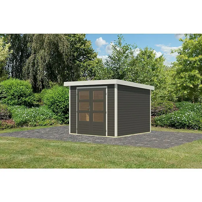 Karibu Gartenhaus Jupiter 3,5 B - Außenmaß inkl. Dachüberstand (B x T): 266 x 266,5 cm, Holz, Terragrau/Weiß - Modernes Gartenhaus mit Doppeltür und hellen Akzenten vor grünem Hintergrund. Praktisch für Gartengeräte und mehr Stauraum im Freien.