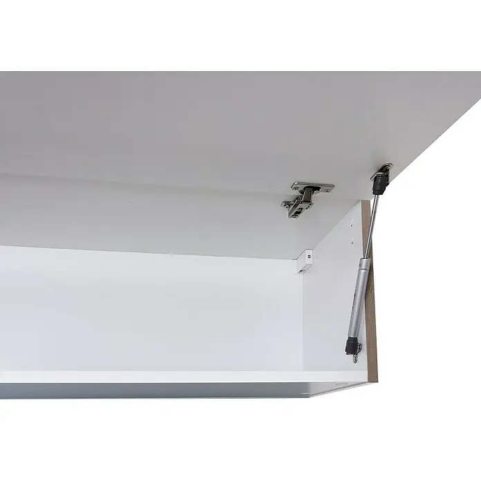 Flex-Well Turin Küchen-Hängeschrank - 32 x 100 x 32 cm, Anthrazit Miniperl - Innenansicht eines weißen Schranks mit Metallschanier und einem Dämpfer, der für ein sanftes Schließen der Tür sorgt.