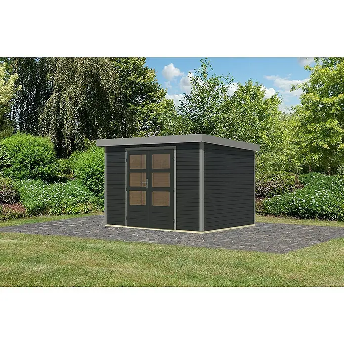 Karibu Gartenhaus Jupiter 4 C - Außenmaß inkl. Dachüberstand (B x T): 322 x 236,5 cm, Holz, Anthrazit/Grau - Ein modernes Gartenhaus mit grauer Farbe, Flachdach und Doppeltür, eingebettet in eine grüne Gartenlandschaft.