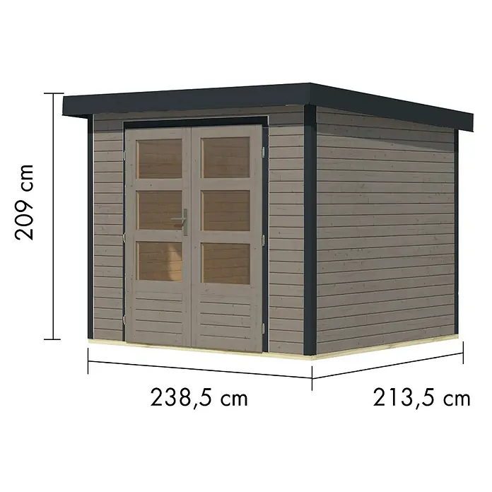 Karibu Gartenhaus Jupiter 3 D - Außenmaß inkl. Dachüberstand (B x T): 266 x 236,5 cm, Holz, Wassergrau/Anthrazit - Hölzernes Gartenhaus mit Doppeltüren, graubraunen Planken, dunklem Dach. Maße: 238,5x213,5x209 cm.