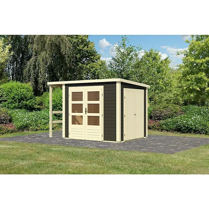 Karibu Gerätehaus Multi - Außenmaß inkl. Dachüberstand (B x T): 319 x 219 cm, Holz, Terragrau - Ein modernes Gartenhaus mit einem Doppeltür-Eingang und einem zusätzlichen Seiteneingang, ideal für die Aufbewahrung von Gartengeräten.