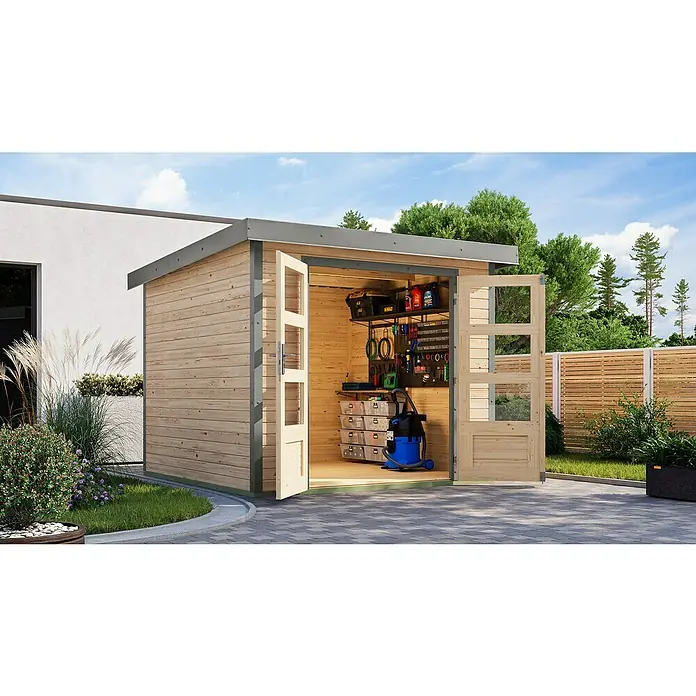 Karibu Gartenhaus Jupiter 3,5 A - Außenmaß inkl. Dachüberstand (B x T): 266 x 266,5 cm, Holz, Naturbelassen/Grau - Eine moderne Holzgartenhütte mit offenstehenden Türen, die Einblick auf Werkzeuge und Lagerlösungen im Inneren gewährt.