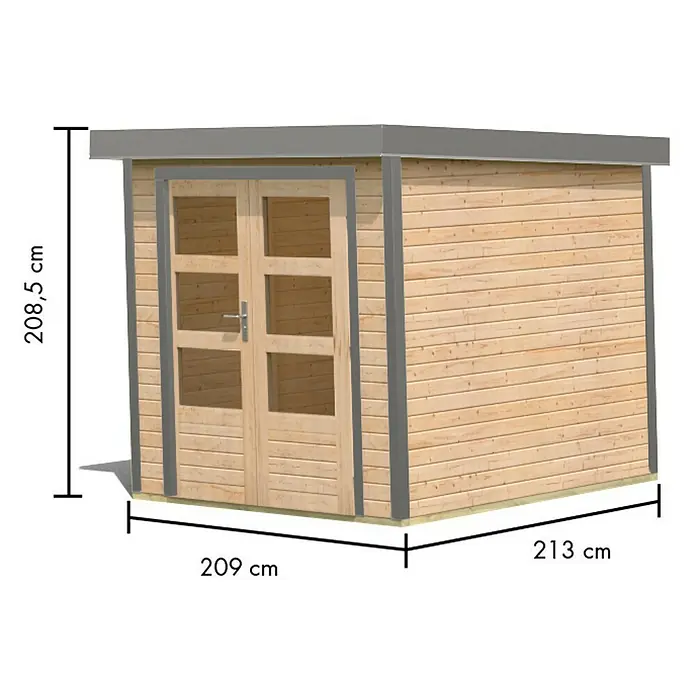 Karibu Gartenhaus Jupiter 2 A - Außenmaß inkl. Dachüberstand (B x T): 228,5 x 235 cm, Holz, Naturbelassen - Holz-Gartenschuppen mit grauem Dach und Doppeltüren. Maße 208,5x209x213 cm.