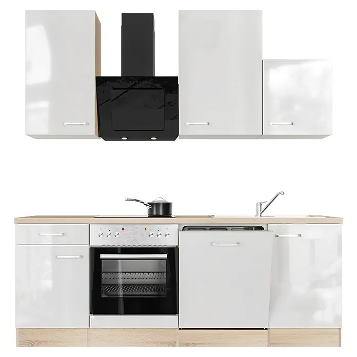 Flex-Well Valero Küchenzeile Typ 4 - Breite: 220 cm, Weiß, Mit Elektrogeräten - Aufnahme einer modernen weißen Küche mit Dunstabzugshaube und Geräten, die ein elegantes und funktionales Design zeigen.