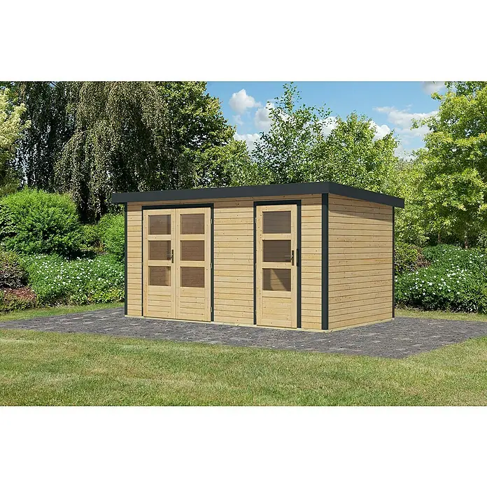 Karibu Gartenhaus Merkur A - Außenmaß inkl. Dachüberstand (B x T): 431,5 x 235 cm, Holz, Naturbelassen/Anthrazit - Holzgartenhaus mit Doppeltür und Einzeltür auf gepflasterter Fläche. Ideal für Gartengeräte oder als Hobbyraum im Grünen.