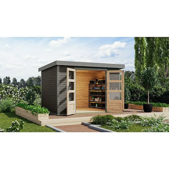 Karibu Gartenhaus Jupiter 4 B - Außenmaß inkl. Dachüberstand (B x T): 322 x 236,5 cm, Holz, Terragrau/Grau - Modernes Gartenhaus mit Flachdach und einladenden Doppeltüren, ideal für die Gartenaufbewahrung.