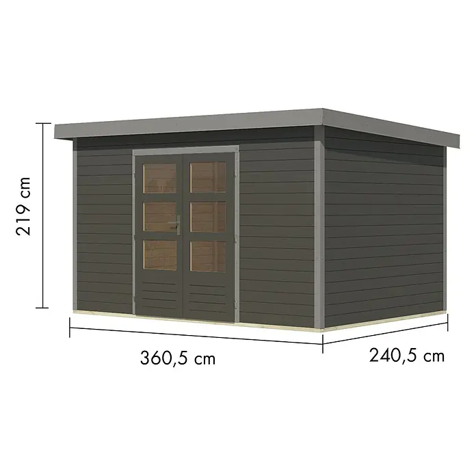 Karibu Gartenhaus Pluto 7 B - Außenmaß inkl. Dachüberstand (B x T): 390 x 273 cm, Holz, Terragrau/Grau - Dunkelgraues Holzgartenhaus mit Doppeltür und Flachdach. Misst 360,5x240,5 cm, Höhe 219 cm.