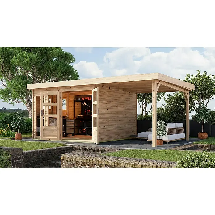 Karibu Gartenhaus Lahar 6 - Außenmaß inkl. Dachüberstand (B x T): 554 x 331 cm, Holz, Naturbelassen, Mit Seitendach - Eine moderne Gartenlaube mit offenen Türen und einem überdachten Sitzbereich lädt zum Verweilen im Freien ein.