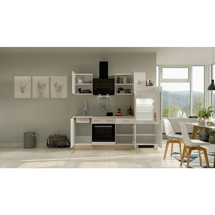 Flex-Well Valero Küchenzeile Typ 3 - Breite: 220 cm, Weiß, Mit Elektrogeräten - Helle Küche mit weißen Schränken, Dunstabzugshaube und integriertem Kühlschrank, die eine moderne und funktionale Raumlösung bietet.