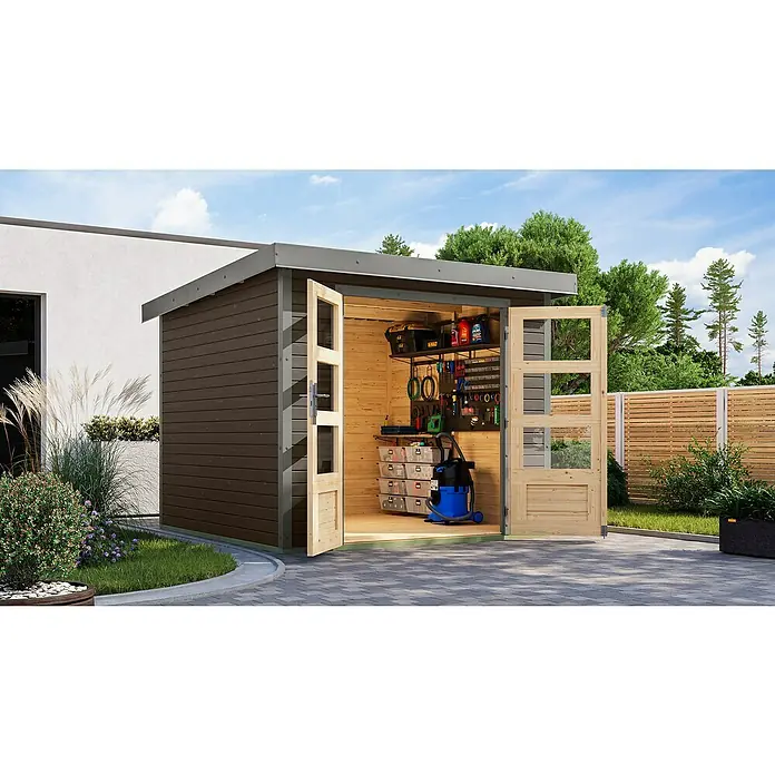 Karibu Gartenhaus Jupiter 3,5 B - Außenmaß inkl. Dachüberstand (B x T): 266 x 266,5 cm, Holz, Terragrau/Grau - Ein geräumiges Gartenhaus mit geöffneten Doppeltüren, das einen Einblick in das ordentliche Innere mit Regalen und Werkzeugen bietet.