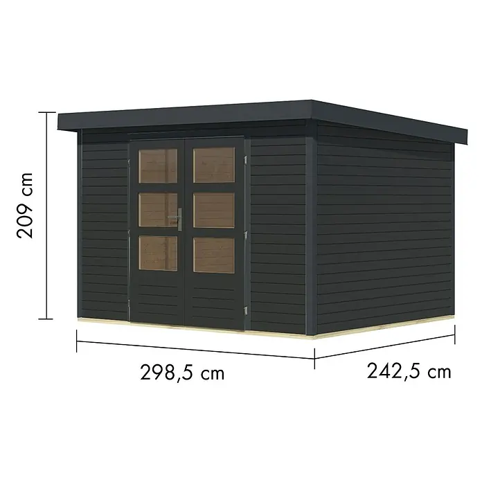 Karibu Gartenhaus Jupiter 5 C - Außenmaß inkl. Dachüberstand (B x T): 320,5 x 266,5 cm, Holz, Anthrazit - Dunkelgraues Gartenhaus aus Holz mit Flachdach, Doppeltür mit Fenstern und Maßen.