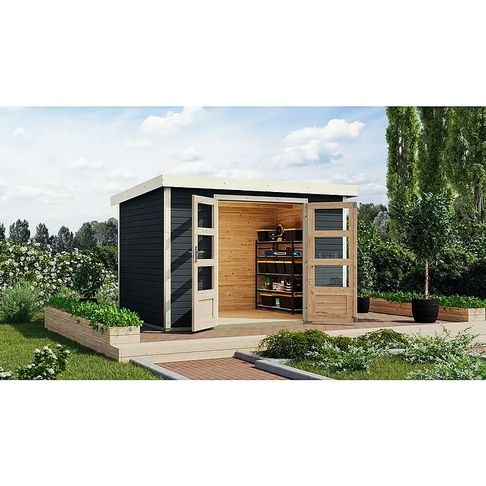 Karibu Gartenhaus Jupiter 4 C - Außenmaß inkl. Dachüberstand (B x T): 322 x 236,5 cm, Holz, Anthrazit/Weiß - Gartenschuppen mit Doppeltür aus Holz, ideal für die Aufbewahrung von Gartengeräten und Werkzeugen. Das robuste Design sorgt für Langlebigkeit.
