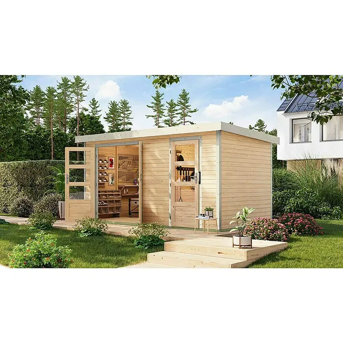 Karibu Gartenhaus Merkur A - Außenmaß inkl. Dachüberstand (B x T): 431,5 x 235 cm, Holz, Naturbelassen/Weiß - Ein modernes Holzgartenhaus mit offenstehenden Glastüren, das Werkzeuge und Regale im Innenraum zeigt und eine einladende Atmosphäre schafft.