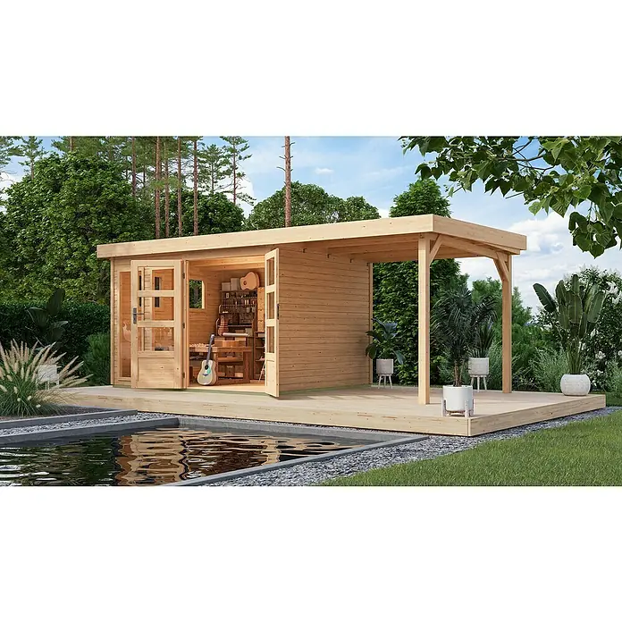 Karibu Gartenhaus Lahar 5 - Außenmaß inkl. Dachüberstand (B x T): 554 x 262 cm, Holz, Naturbelassen, Mit Seitendach - Bild eines modernen Gartenhauses mit offenem Design, das ein helles und einladendes Ambiente schafft.