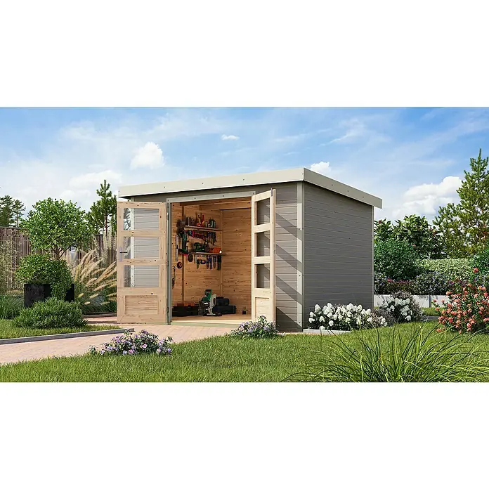 Karibu Gartenhaus Jupiter 5 D - Außenmaß inkl. Dachüberstand (B x T): 320,5 x 266,5 cm, Holz, Wassergrau/Weiß - Geräumiges Gartenhaus mit Doppeltüren, ideal zur Aufbewahrung von Werkzeugen und Gartengeräten im Außenbereich. Holzkonstruktion mit viel Stauraum.