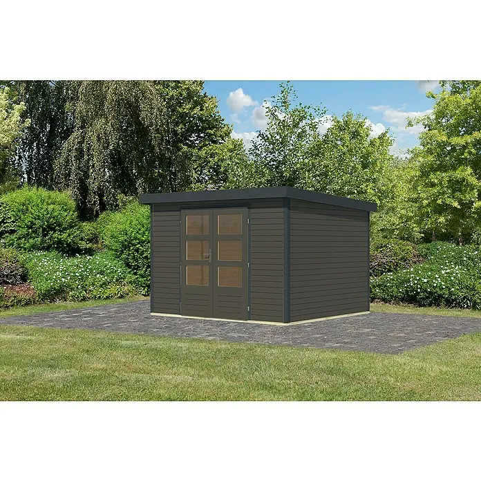 Karibu Gartenhaus Jupiter 5 B - Außenmaß inkl. Dachüberstand (B x T): 320,5 x 266,5 cm, Holz, Terragrau/Anthrazit - Modernes Gartenhaus mit Doppeltür und Flachdach, ideal für die Aufbewahrung von Gartengeräten und -möbeln. Passt perfekt in jeden Garten.