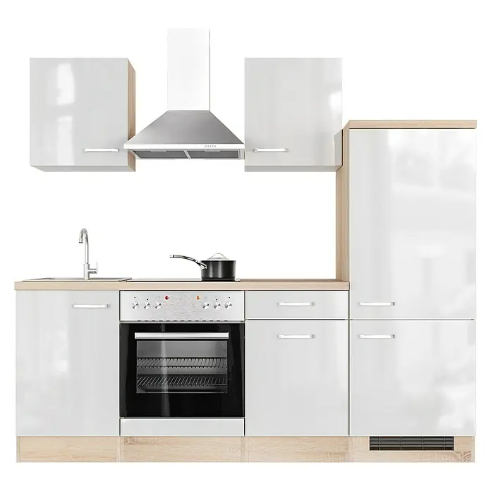 Flex-Well Valero Küchenzeile Typ 1 - Breite: 220 cm, Höhe: 200 cm, Weiß, Mit Elektrogeräten - Eine moderne Küche in Weiß mit Holzelementen, inklusive Spüle, Herd, Dunstabzugshaube und großem Hochschrank. Stilvolles Design für Ihr Zuhause.